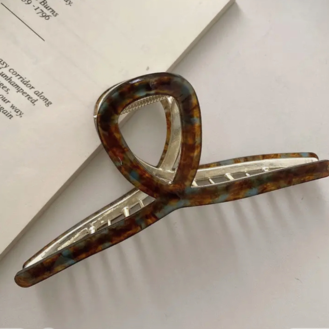 Turquoise and Brown claw clip in large design with a metal frame
