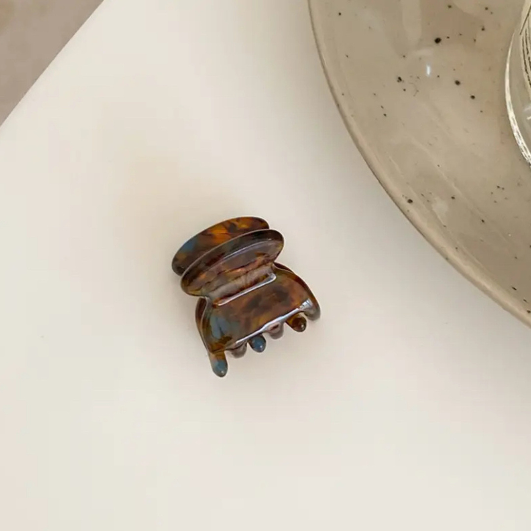 Mini claw clips. come in a two pack. Brown and teal coloured